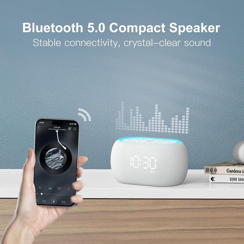 ANJANK White Noise Sound Machine Alarm Clock with Hi-Fi Bluetooth Speaker, 21 Soothing Sounds/7 Night Lights, 0-100% Dimmer/Sleep Timer/Volume Control, Soother for Adults Kids Sleeping, Bedroom, White - Image 5